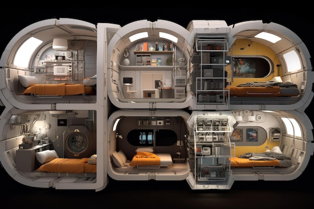 Habitat espacial modular com áreas de vida expansíveis criadas com IA generativa