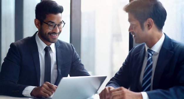 Hablando en una computadora portátil dos hombres de negocios usan una tableta digital y un dispositivo móvil