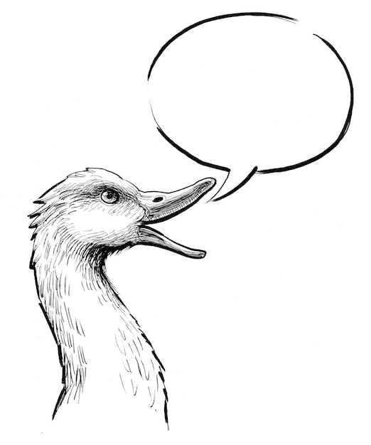 Hablando pájaro pato. Dibujo a tinta en blanco y negro