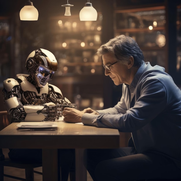 Foto hable con el robot de generación ai hablando entre humano y robot ai