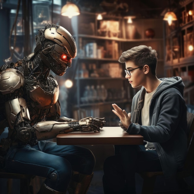 Hable con el robot de generación ai hablando entre humano y robot ai
