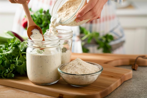 Hacer un aderezo de rancho de una mezcla seca con leche y yogur