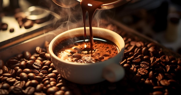 Hacer café espresso máquina de verter prepara café espresso aromático barista restaurante de cafetería