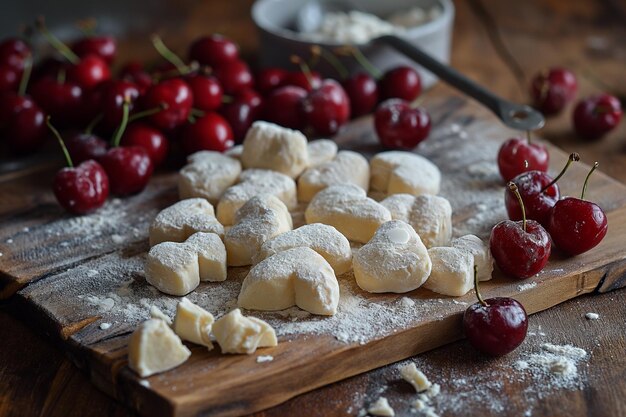 Hacer dumplings en forma de corazón con cerezas en la mesa