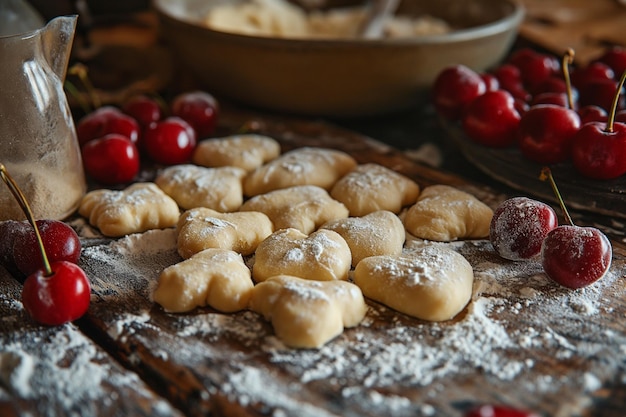 Hacer dumplings en forma de corazón con cerezas en la mesa