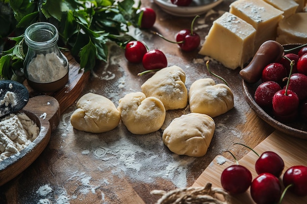 Hacer dumplings en forma de corazón con cerezas en la mesa