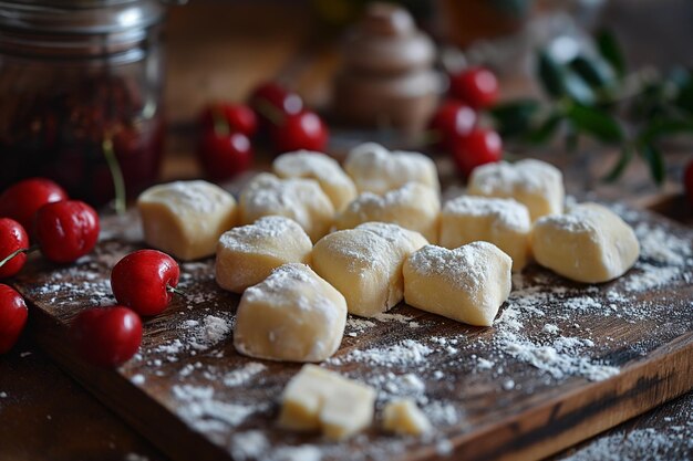 Hacer dumplings en forma de corazón con cerezas en la mesa