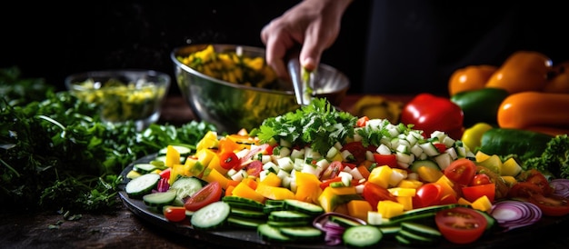 Foto hacer una ensalada vegetariana con verduras frescas