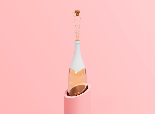 Hacer estallar una botella de champán rosa en un balde sobre fondo rosa. Botella De Champán Rosa Aislada. representación 3d