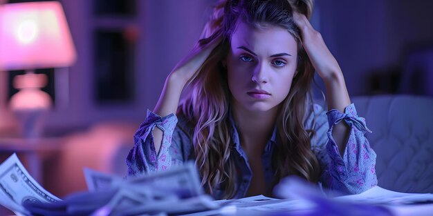 Foto hacer frente a la presión financiera estresada mujer joven administrando facturas durante las dificultades económicas concepto estrés financiero consejos de presupuestación salud mental administración de facturas dificultades económicas