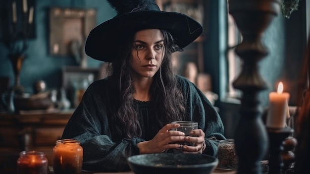 Hacer magia en casa es una mujer vestida de bruja IA generativa y un disfraz de Halloween