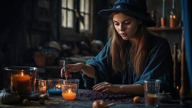 Foto hacer magia en casa es una mujer vestida de bruja ia generativa y un disfraz de halloween