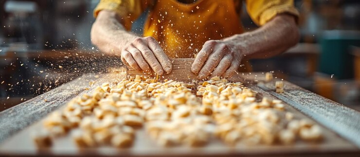 Hacer pasta con las manos de la harina