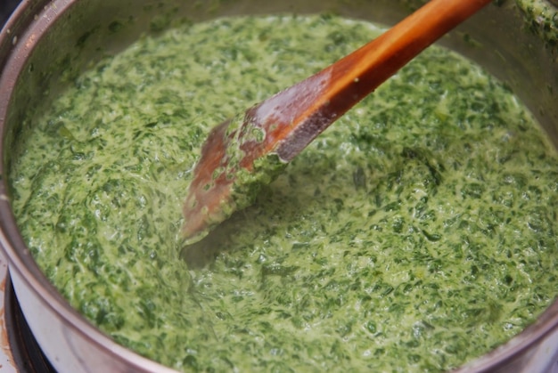 Hacer pesto o salsa de espinacas en una cacerola. Preparación de comida casera. Enfoque selectivo.