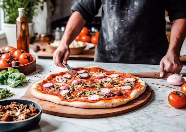 Foto hacer pizza con tomates mozzarella y albahaca en la mesa