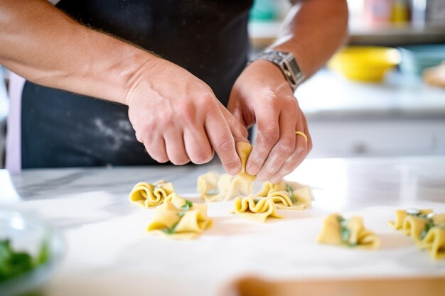 Hacer tortellini con las manos doblando la pasta alrededor del relleno