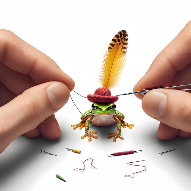 Foto haciendo un pequeño sombrero para una rana el sombrero de colores vibrantes y adornado con una pluma en miniatura