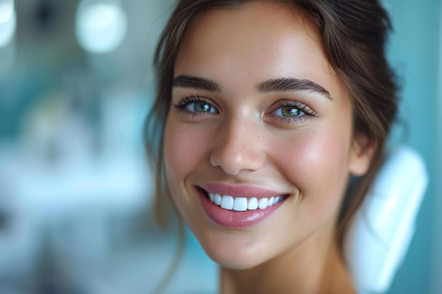 Haciendo profesionalmente sonriente mujer bonita está teniendo sus dientes examinados por el dentista en la clínica