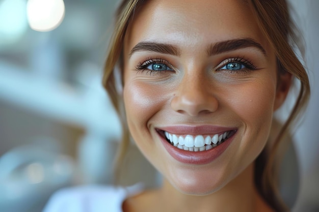 Foto haciendo profesionalmente sonriente mujer bonita está teniendo sus dientes examinados por el dentista en la clínica