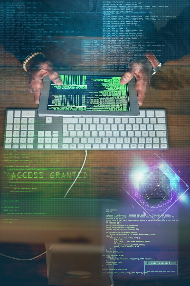 Foto hackeando as mãos do homem e a tela do tablet com acesso ao código do software de jogos e sucesso da senha na sobreposição de dados hacker on-line ladrão cibernético ou codificador hackeando programação digital ou aplicativo de computador