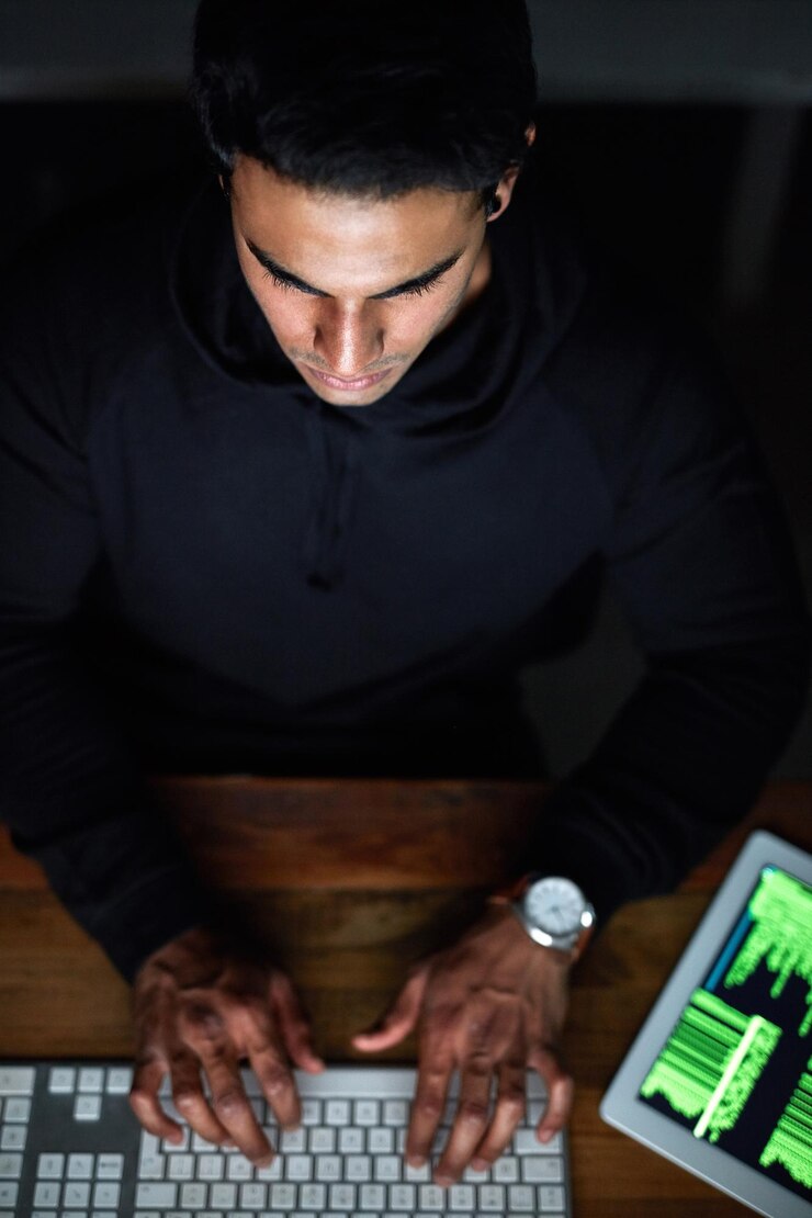 Foto hackear al hombre y al teclado de la computadora para programar software de codificación o tabletas de hackers de contraseñas y cuarto oscuro código en línea de seguridad cibernética nocturna o persona programadora que hackea datos en tecnología digital arriba
