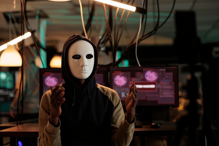 Foto un hacker afroamericano transmite videos de amenazas por la noche, usa una máscara anónima y pide ransomware. espía masculino que roba información de la base de datos con virus troyanos y malware informático.
