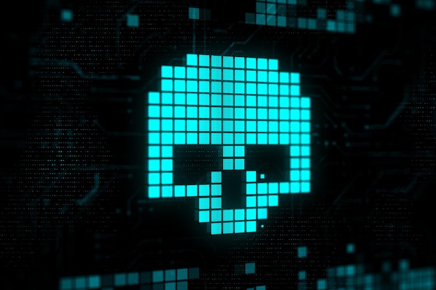 Hacker-Angriffsvirus und Netzwerk-Ddos-Konzept mit Pixel digitalem blauem Totenkopfzeichen auf dunklem Hintergrund 3D-Rendering