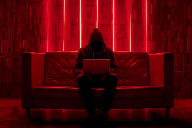 Foto hacker anônimo à moda digitando computador portátil cybercrime ciberataque conceito de web escura