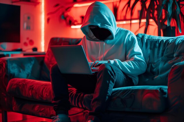 Foto hacker anônimo à moda digitando computador portátil cybercrime ciberataque conceito de web escura