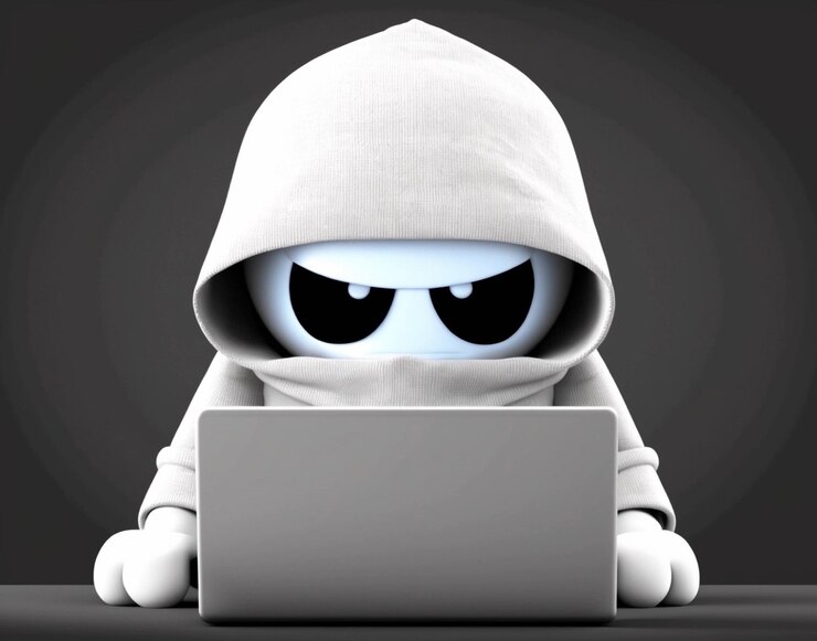 Foto hacker anônimo bonito com capuz branco usando computador laptop conceito de hacking ético cibersegurança cibercrime ciberataque