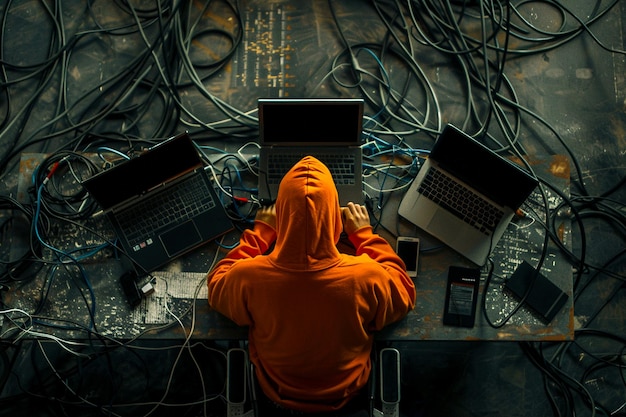 Hacker anónimo con capucha usando una computadora portátil rodeado de una pantalla de código digital en una habitación oscura de ciberseguridad