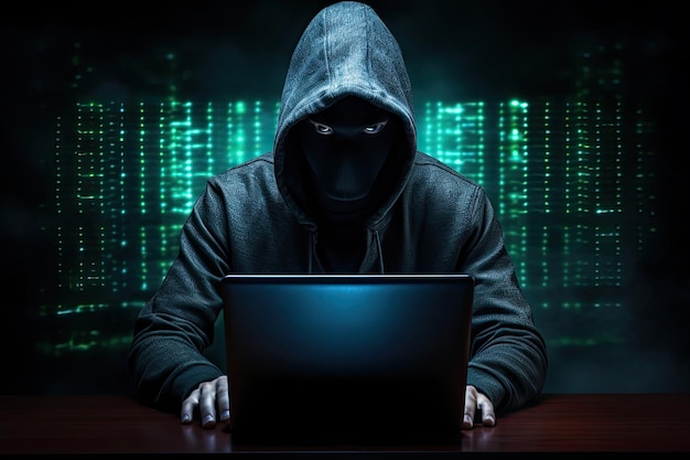Hacker anónimo sin cara escribiendo computadora portátil