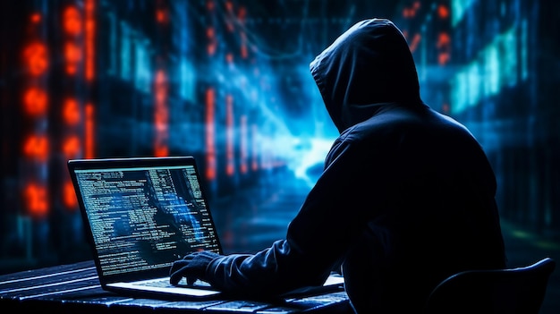 Hacker anônimo cercado por uma rede de dados brilhantes Segurança cibernética Crime cibernético Ataque cibernético G