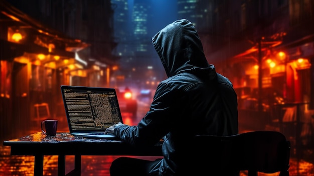 Hacker anônimo cercado por uma rede de dados brilhantes Segurança cibernética Crime cibernético Ataque cibernético G