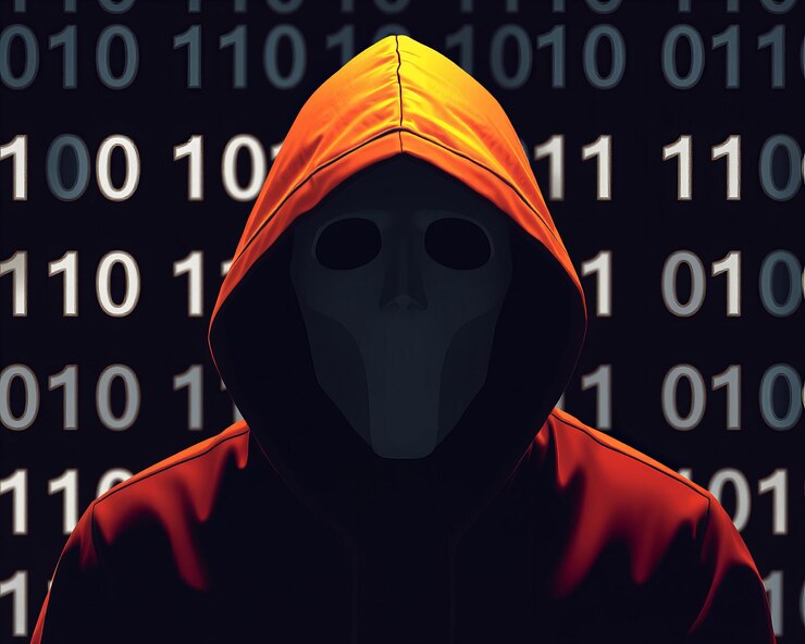 Foto hacker anónimo en código binario