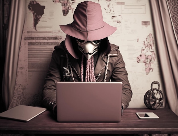 Hacker anônimo com moda louca e estranha e estilo steampunk Conceito de hacking cibersegurança cibercrime ataque cibernético etc