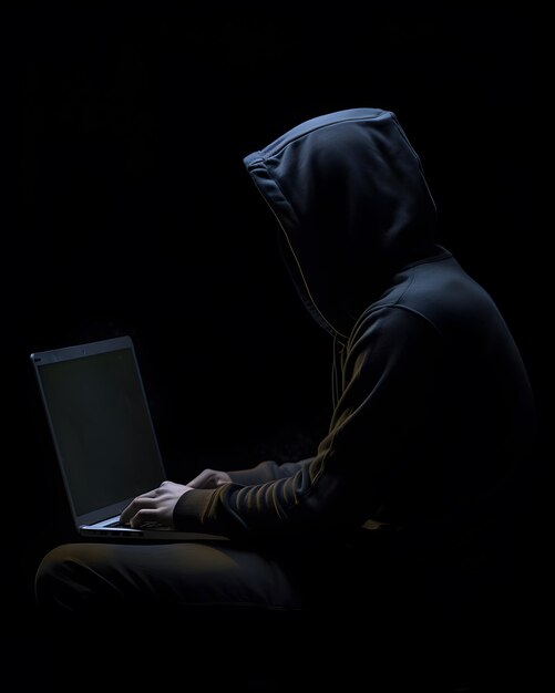 Foto hacker anónimo con una computadora portátil cibercrimen ciberataque concepto de la web oscura