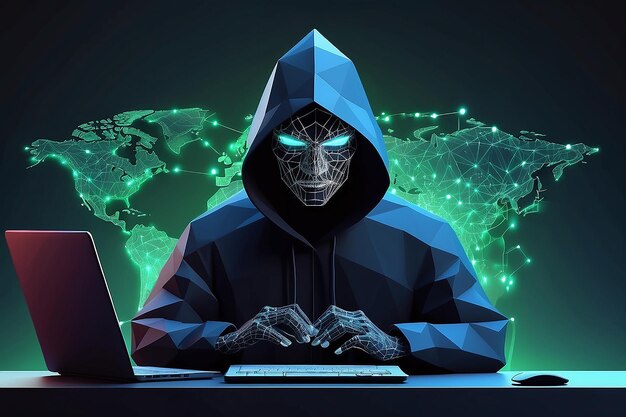Hacker anónimo en la computadora portátil seguridad de Internet concepto de negocio de ataque cibernético bajo poli