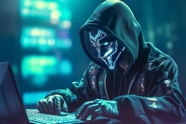 Hacker anônimo digitando em IA generativa de computador