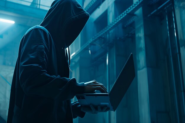 Hacker anónimo escribiendo en una computadora portátil Cibercrimen ciberataque concepto de la web oscura