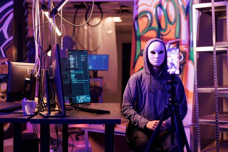 Foto hacker anónimo grabando un video de rescate