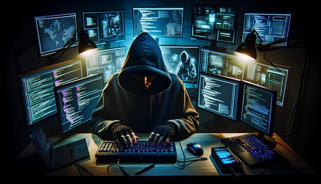 Hacker anónimo en una habitación oscura con múltiples monitores que muestran código y datos de ciberseguridad involucrados en complejas actividades cibernéticas