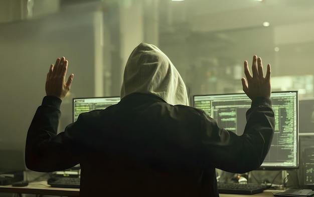 Foto hacker anônimo levantando as mãos arrestado scammers