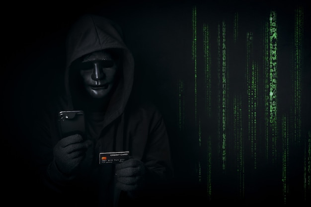 Hacker anónimo peligroso con capucha y máscara usa teléfono inteligente y tarjeta de crédito