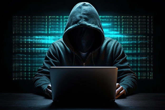 Hacker anônimo sem cara de digitação computador portátil