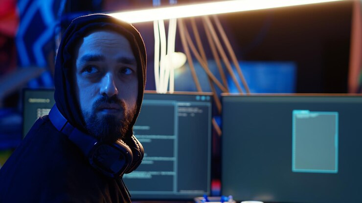 Foto hacker ansioso escondiéndose en el búnker quitando los auriculares para escuchar sonidos sospechosos