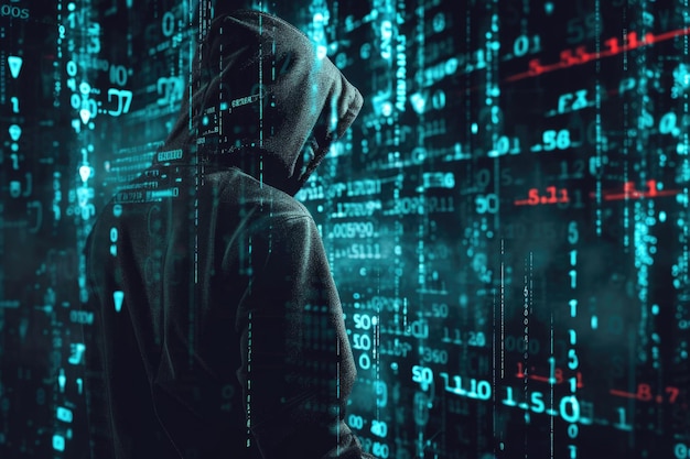 Hacker arbeitet an Code im dunklen digitalen Hintergrund