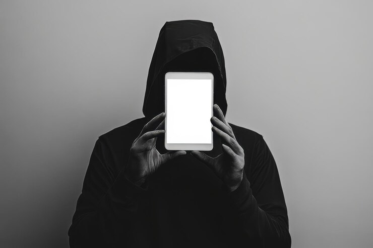 Hacker con balaclava y guantes mostrando un teléfono inteligente con una pantalla blanca en blanco