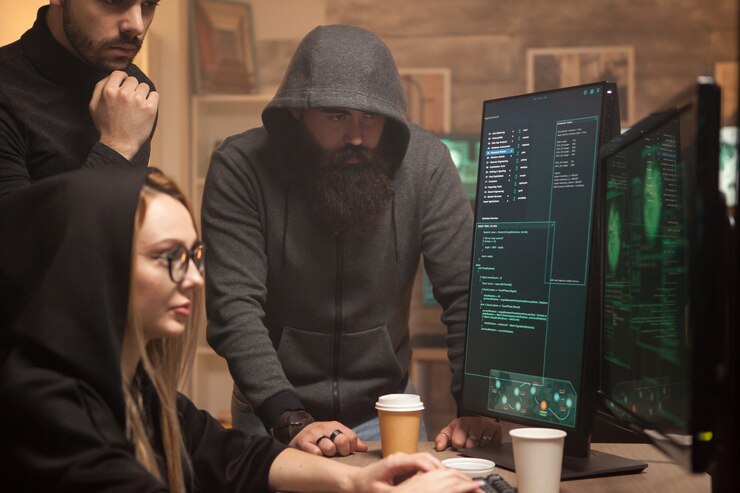 Foto hacker barbudo con una sudadera con capucha mientras su equipo rompe servidores gubernamentales vulnerables.