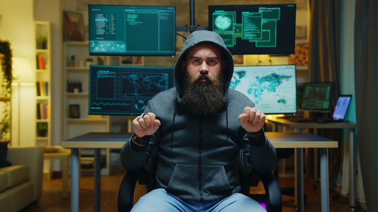 Foto hacker barbudo con una sudadera con capucha que usa tecnología aumentada para romper el firewall del gobierno.